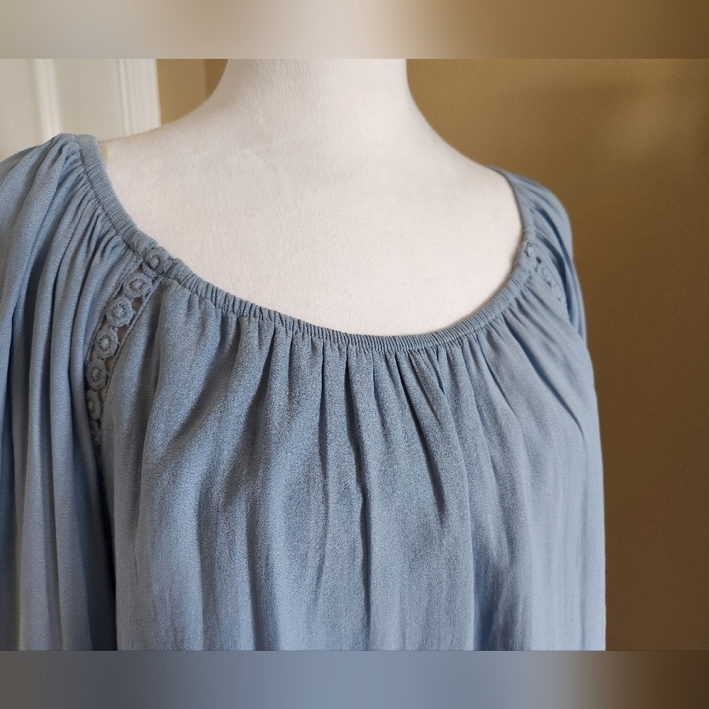 INC International Concepts Women's Ruffled Crochet-Trim Top, Blue,  Size Medium - Picture 3 of 8